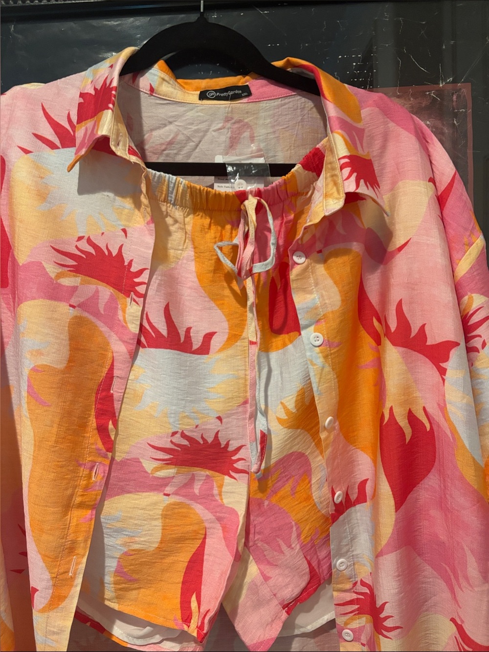 Printed Button-Down Shirt in Pink & Orange by Pretty Gardens